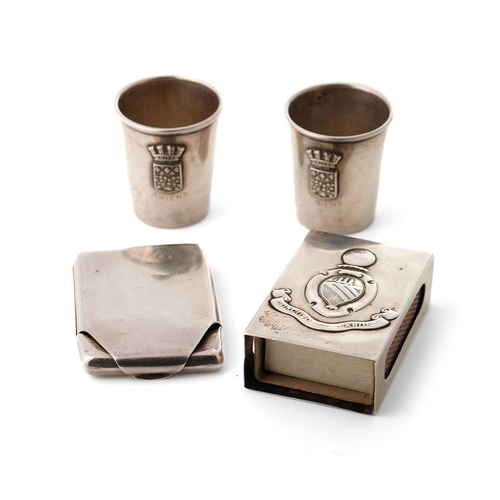 134 - A collection of silver items to include cognac cups of WWI interest with Amiens crest, a William Coo... 