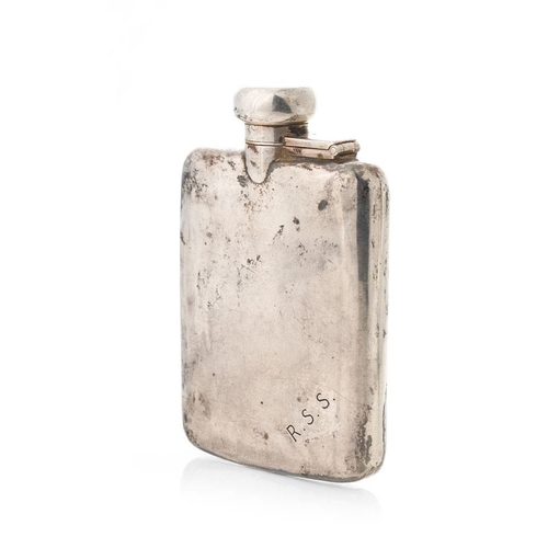 146 - Silver hipflask, hallmarks rubbed, twist stopper, monogrammed 'RSS', 143.9 grams, 13.5cm tall.