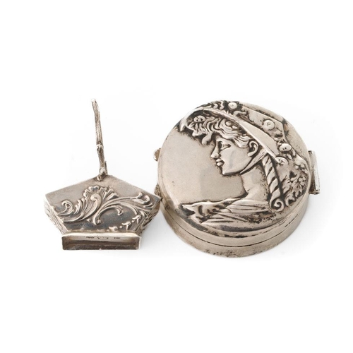 154 - Silver circular pill box depicting a girl in bonnet with a silver miniature log bucket with raised h... 