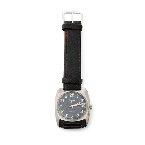 159 - Gentleman's vintage Bulova automatic date wrist watch, comprising a round black dial. Stainless stee... 