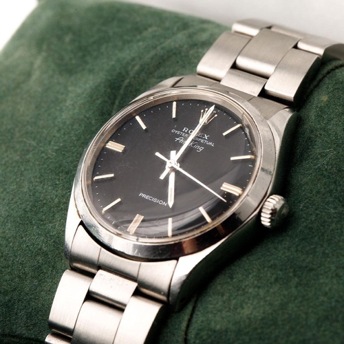 182 - Rolex Air King Ref. 5500 1975, circular black dial with baton hour markers,  stainless steel case, R... 