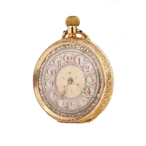 189 - 18ct ladies pocket watch with enamelled ceramic face. Case diameter 35mm. Weight 32.3g.