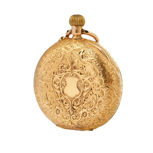 189 - 18ct ladies pocket watch with enamelled ceramic face. Case diameter 35mm. Weight 32.3g.