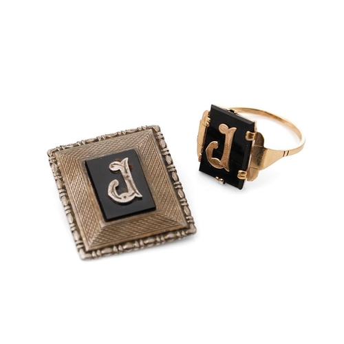 193 - 9ct gold and black onyx ring (3.30g) with initial J, together with an associated Chester silver hall... 