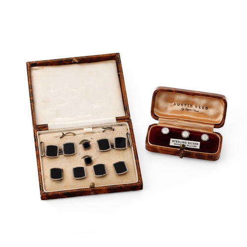 212 - A cased Art Deco / 1930s silver and onyx gentleman's cufflinks and stud set, with a simialr cased Au... 