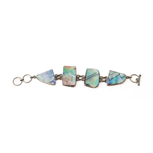 230 - Silver 925 chunky ladies bracelet set with abalone panels, 32.9 grams, 21cm long.