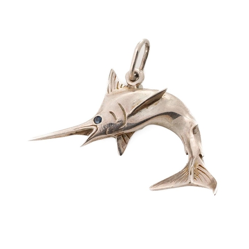 231 - Silver pendant in the form of a swordfish, with sapphire eye, 12.6 grams, 4cm wide.