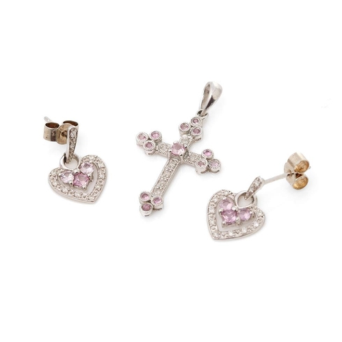 248 - A pair of 9ct gold stone set earrings with a cross pendant (3), combined 3.5 grams.