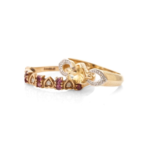 249 - A 9ct gold heart ring, size M, with a similar diamond and ruby heart ring, size R, combined 3.4 gram... 