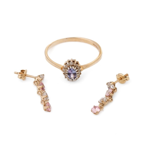 254 - 9ct gold pale stone and illusion set diamond ring, size Q, with earrings combined 2.3 grams.