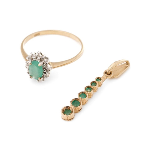 258 - 9ct gold ring set with green and white stones together with a similar pendant, 2.4 grams (2).