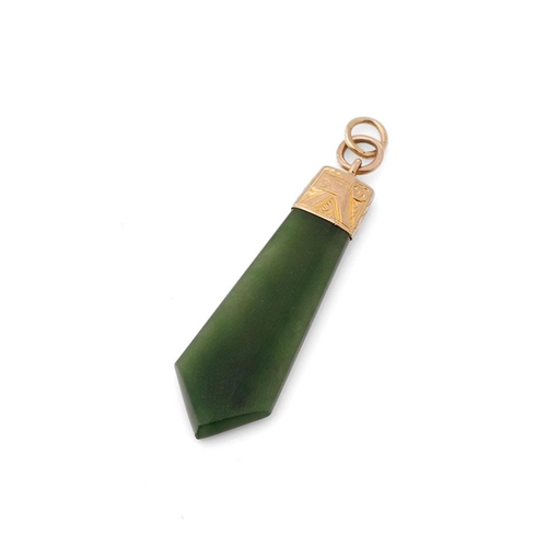 284 - 9ct gold and spinach jade pendant / charm 38cm long including ring.  Marked 9ct.