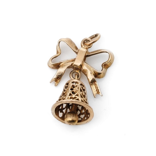 290 - 9ct gold charm in the form a bell hanging from a ribbon, 4.3 grams.