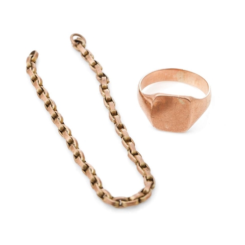 298 - 9ct rose gold gentleman's signet ring without engraving, size Q, with a 9ct gold scrap chain, combin... 