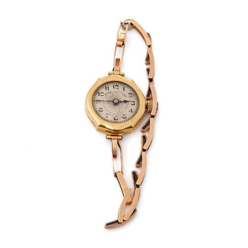 299 - 18ct gold ladies wristwatch with engraved case, on 15ct rose gold strap, gross weight 14.7 grams.