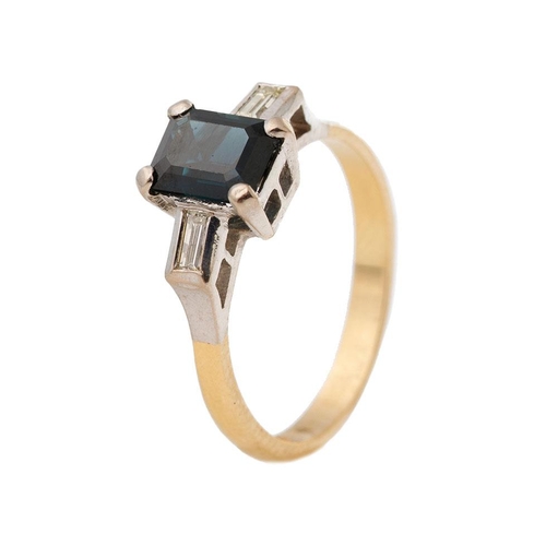 300 - 18ct gold and platinum ladies ring flanked by rectangular diamonds and a central sapphire, size L, 3... 