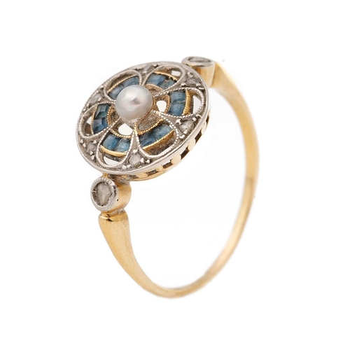 301 - 18ct gold Art Deco style ring set with diamonds, sapphires and a seed pearl, size P, 2.6 grams.