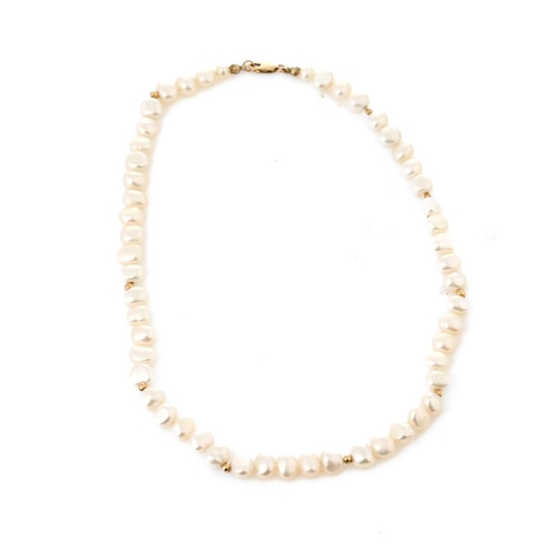 305 - 9ct gold clasp on fresh water pearls, total weight 26.3 grams, 42cm long.