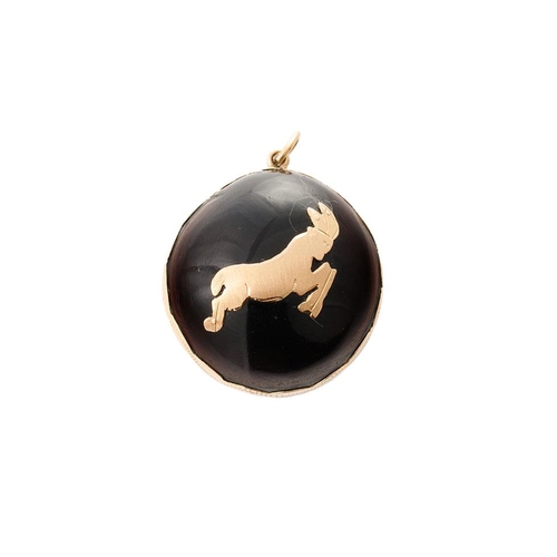 348 - Large globular pendant with gold band and Capricorn goat, loop to top, gross weight 7.6 grams, 30mm ... 