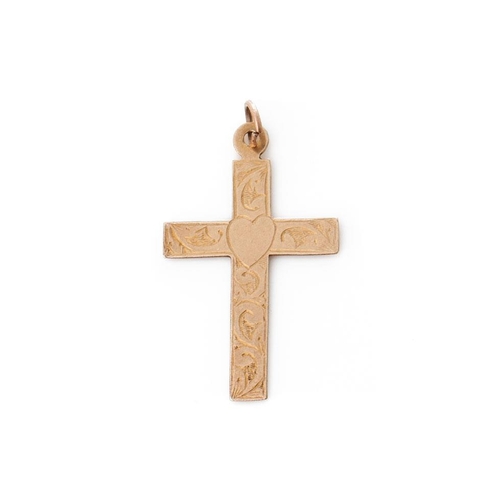 352 - 9ct gold cross, with scrolls and hearts decoration, loop to top, 1.3 grams.