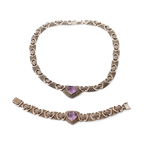 361 - Silver and marcasite heavy necklace with matching bracelet, with heart-shaped purple paste stones, m... 