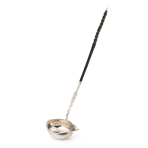 74 - Antique silver punch ladle with ebonised wooden handle, hallmarks rubbed, believed Georgian, 37cm lo... 