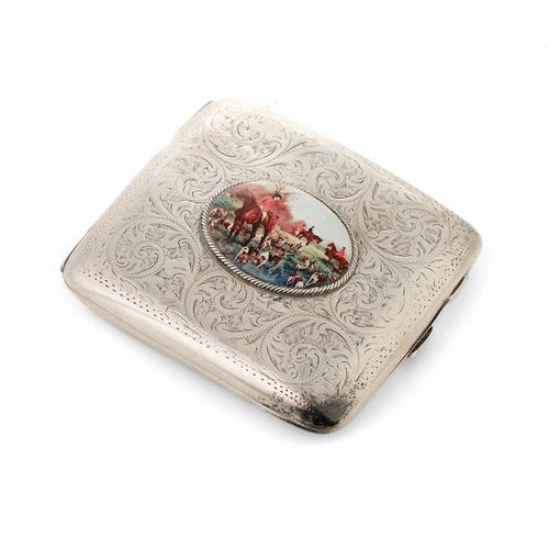 78 - Silver cigarette case with transfer decoration featuring a hunting scene, Birmingham 1918, 111.2 gra... 