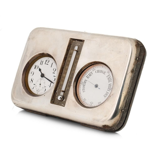 83 - Edwardian silver mounted desk barometer and clock, with central thermometer, Birmingham 1903, 20cm w... 