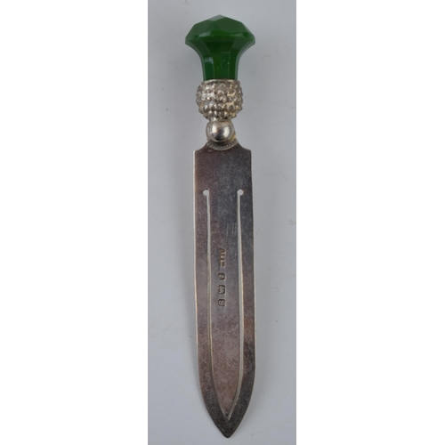 114 - Silver bookmark in the form of a thistle with green stone finial, Birmingham 1917, ALLd.