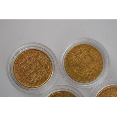 12 - 5 Victorian shield back full gold sovereign coins, dates 1844. 1863, 1869, 1870, 1877. In Sovereign ... 