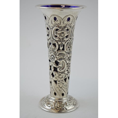 120 - Silver ornate spill vase with blue glass liner, Sheffield 1923, H Atkin, 101.9 grams of silver, 14.5... 