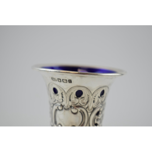 120 - Silver ornate spill vase with blue glass liner, Sheffield 1923, H Atkin, 101.9 grams of silver, 14.5... 