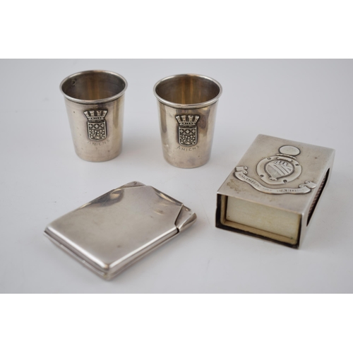 134 - A collection of silver items to include cognac cups of WWI interest with Amiens crest, a William Coo... 