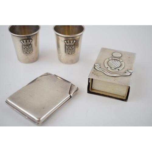 134 - A collection of silver items to include cognac cups of WWI interest with Amiens crest, a William Coo... 