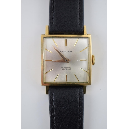 155 - Gentleman's vintage 9ct, Excalibur wrist watch marked .375 to outer case, comprising a square silver... 