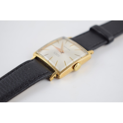 155 - Gentleman's vintage 9ct, Excalibur wrist watch marked .375 to outer case, comprising a square silver... 