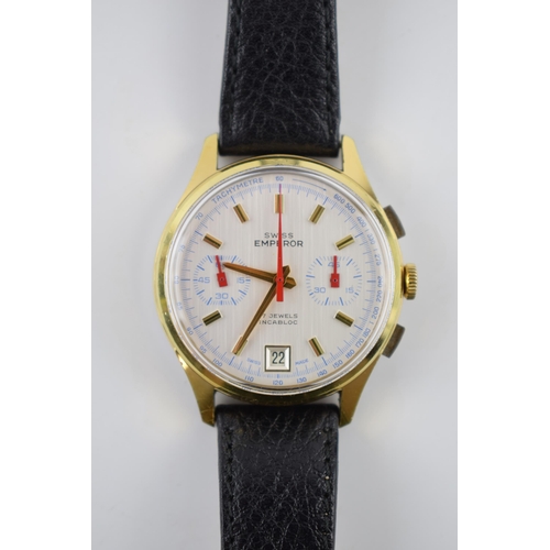 156 - Gentleman's vintage, Swiss Emperor chronograph wrist watch, comprising a round white dial with appli... 