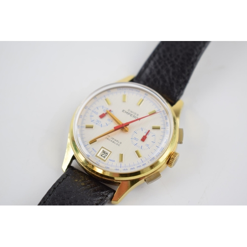 156 - Gentleman's vintage, Swiss Emperor chronograph wrist watch, comprising a round white dial with appli... 