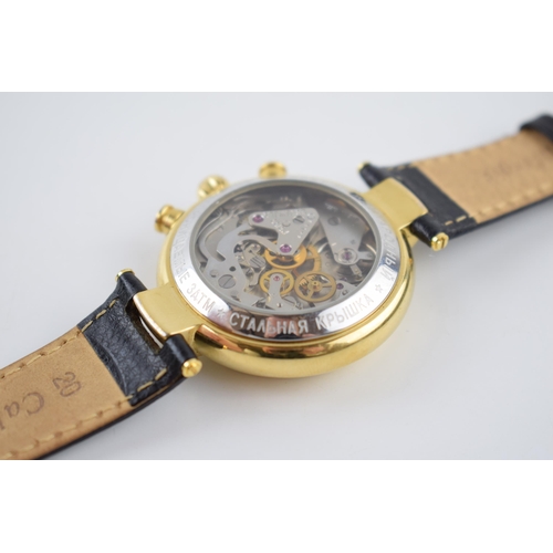 163 - Gentleman's Poljot chronograph wrist watch, comprising a round white dial. Gold tone case approx 39m... 