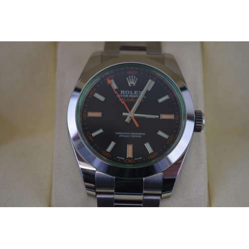 175 - 2021 Rolex Milgaus Ref 116400 GV benefiting from the sought after discontinued green glass. Includes... 