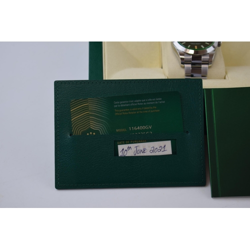 175 - 2021 Rolex Milgaus Ref 116400 GV benefiting from the sought after discontinued green glass. Includes... 