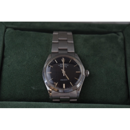 182 - Rolex Air King Ref. 5500 1975, circular black dial with baton hour markers,  stainless steel case, R... 