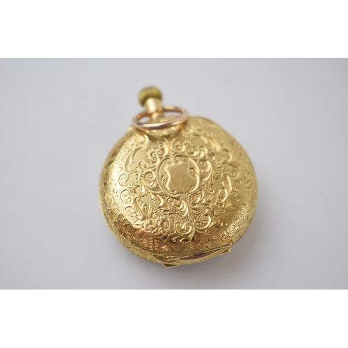 189 - 18ct ladies pocket watch with enamelled ceramic face. Case diameter 35mm. Weight 32.3g.