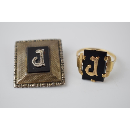 193 - 9ct gold and black onyx ring (3.30g) with initial J, together with an associated Chester silver hall... 