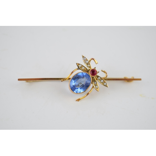 201 - Edwardian 9ct gold brooch, in the form of a spider, set with pearls and similar stones, base metal p... 