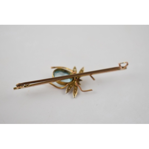 202 - 9ct gold bar brooch in the form of a spider set with pearls and similar stones, 3.3 grams, 58mm wide... 