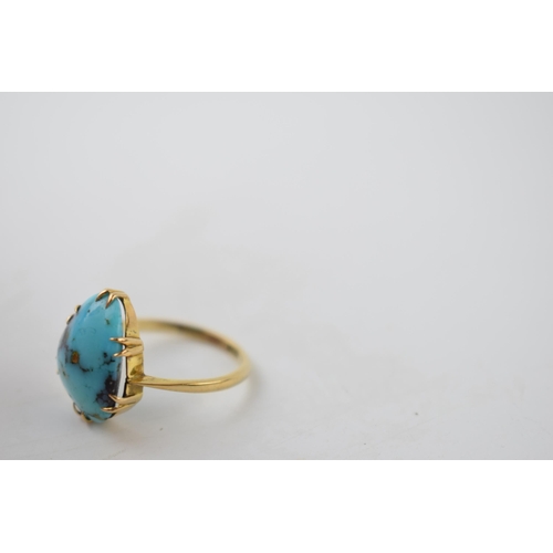 203 - Victorian 9ct gold ring set with pear shape turquoise, 2.2 grams, size L/M.