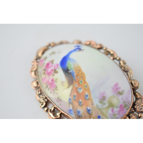 206 - C Gresley hand painted miniature oval brooch with a peacock amongst foliage, in 9ct gold mount, 60mm... 