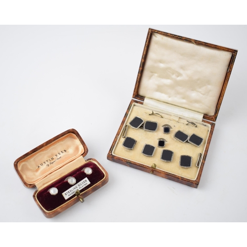 212 - A cased Art Deco / 1930s silver and onyx gentleman's cufflinks and stud set, with a simialr cased Au... 