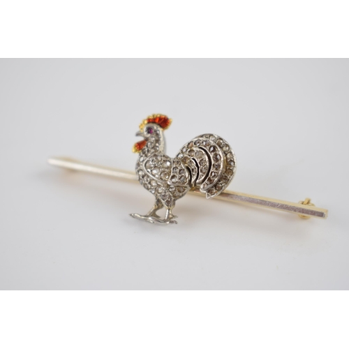 234 - Antique 18ct gold and platinum bar brooch with enamelled cockerel set with old cut diamonds and a ru... 